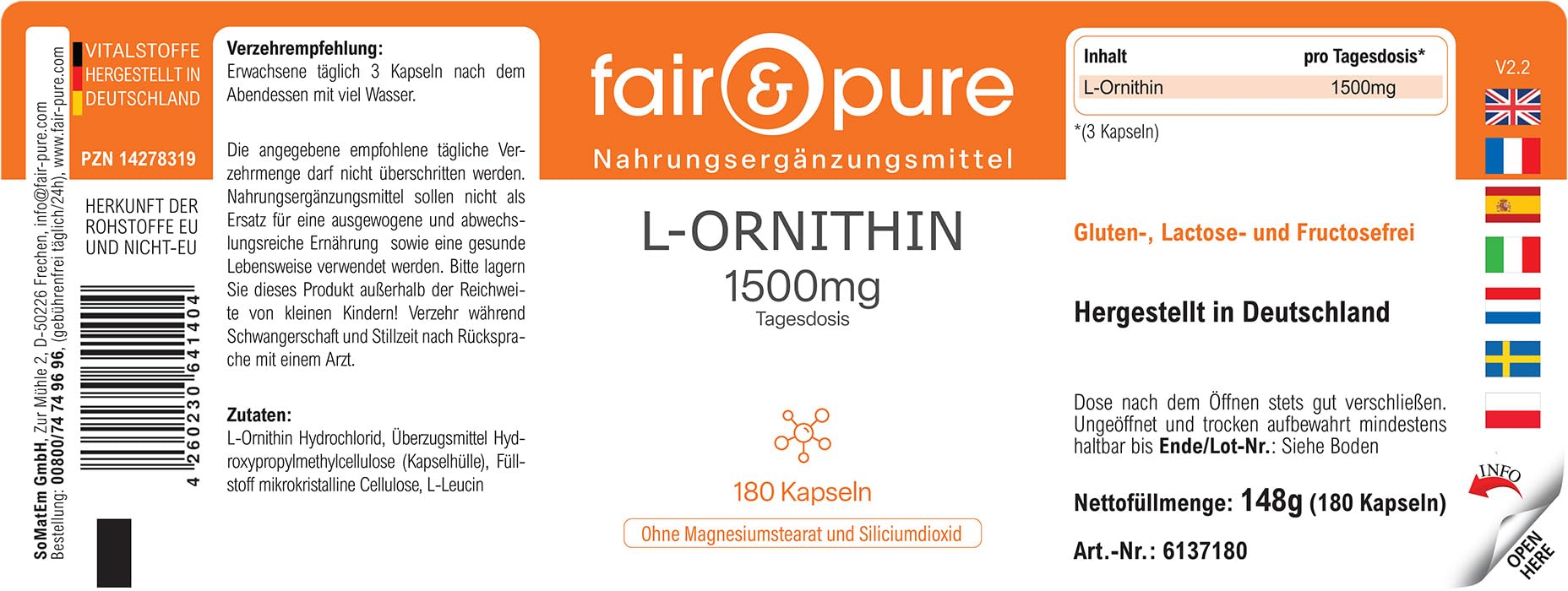 Fair & Pure L-Ornithin 1500mg pro Tagesdosis, 180 Kapseln, hochdosiert, Nahrungsergänzungsmittel vegan ohne Magnesiumstearat, in Deutschland hergestellt