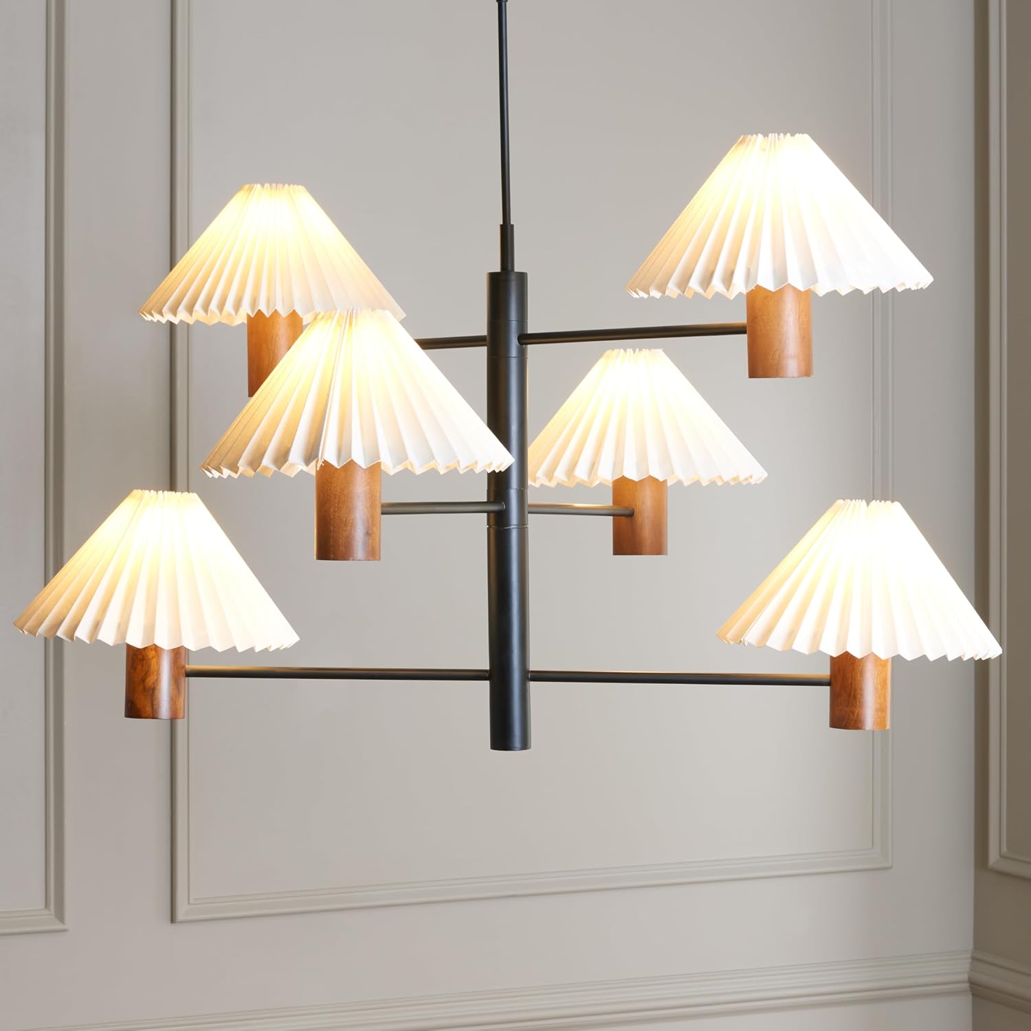 SAFAVIEH Lighting Collection Jonnah 6-Light Walnut/Black Mango Wood Hanging Pendant Chandelier Light Fixture (LED Bulbs Included)