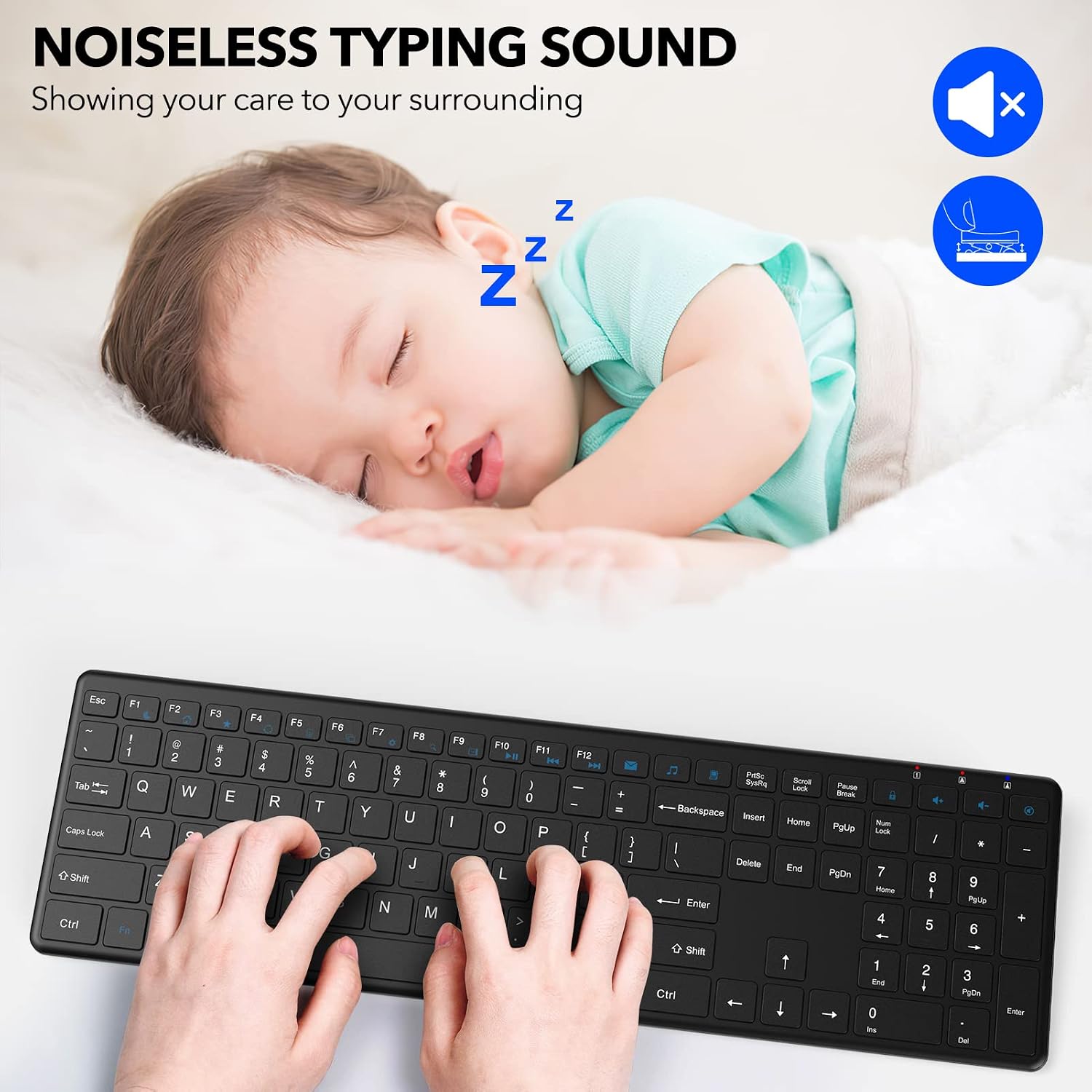 Hands typing on the quiet WisFox Wireless Keyboard