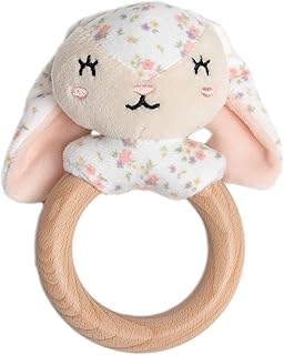 Pearhead Floral Bunny Wooden Baby Teething Ring, Natural Wood & Plush Infant Teether Rattle, BPA-Free Newborn Gum Soother, Easy-Grip Sensory Toy, 0 Months+