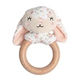 Pearhead Easter Bunny Wooden Baby Teether Rattle – Natural Wood Ring with Plush Infant Sensory Toy, BPA-Free Gum Soother for Newborns 0+ Months, Easter Basket Stuffer