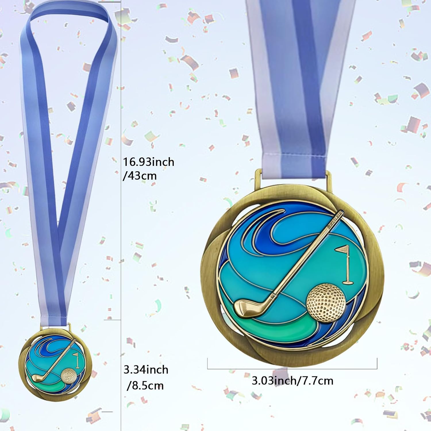 Golf Color Medal - 3.34 Inch Wide Tournament Medallion- GOlympic Style Winner Medals Gold & Stripes Neck Ribbon for Kids Adults Sports Tournament