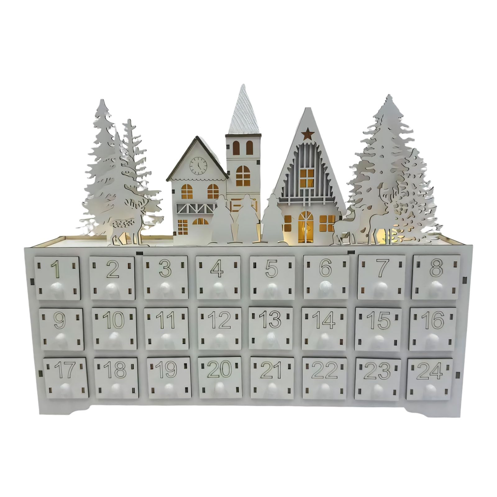 Eingangstisch, Weihnachtsdekoration, Weihnachts Adventskalender aus Holz mit 24 Schubladen, freistehendes Dorf Countdown Aufbewahrungsstück für kleine Überraschungen, Adventsschubladen Dekoration,