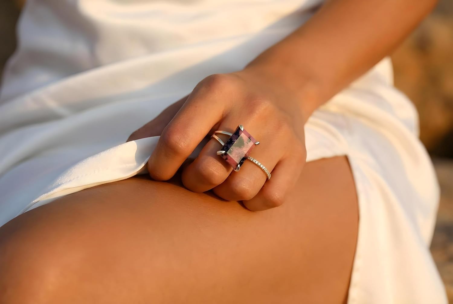 Unique Rhodonite Ring - Artisan Custom Stone Fashion Gold Rings for Women - Rectangle Ring for Wedding, Engagement, Statement Jewelry for Her - Personalized Gemstone Rings for Women