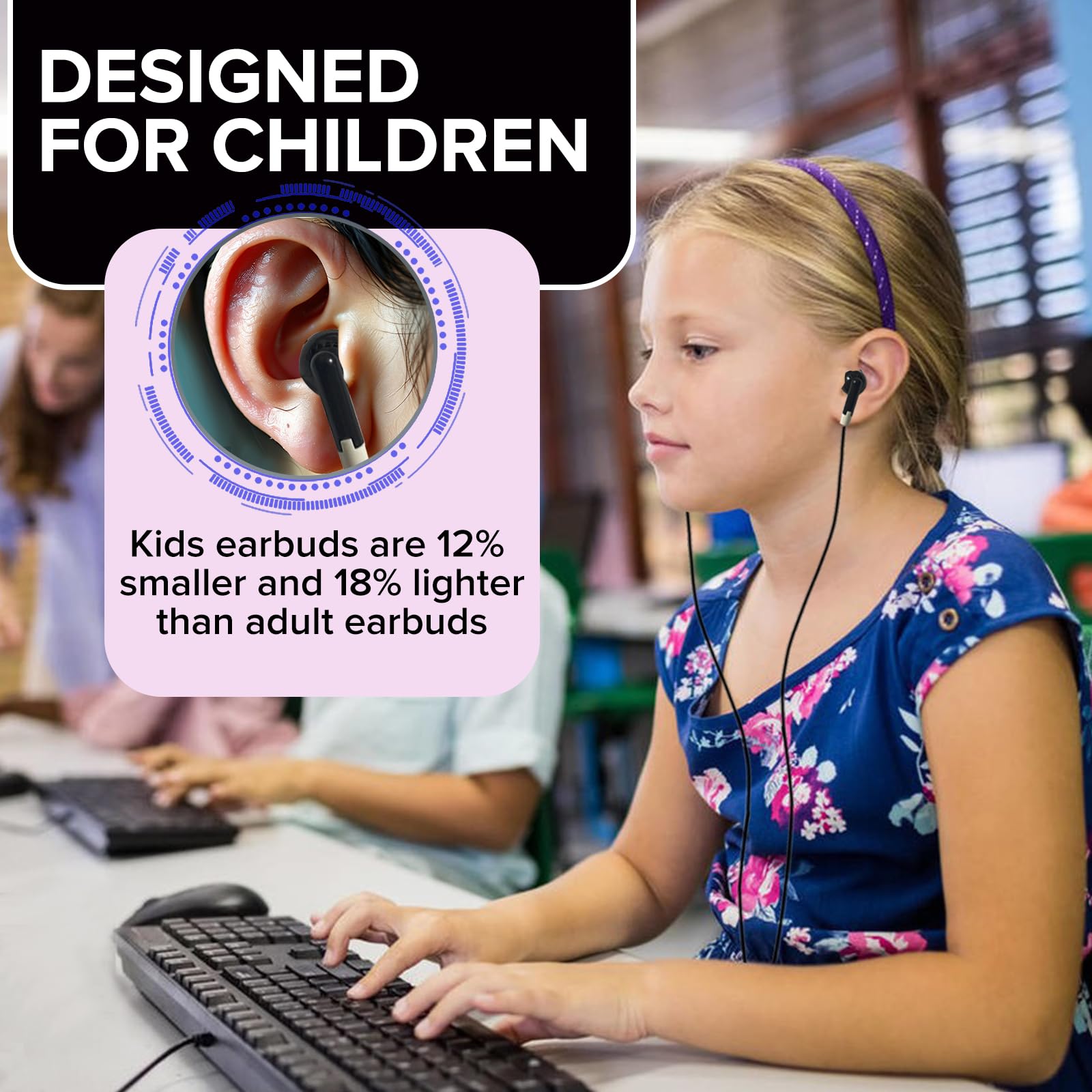Confezione da 50 auricolari per bambini, per scuola, scuola, biblioteca, jack da 3,5 mm, auricolari all'ingrosso per computer portatili Chromebook (nero, YS001)