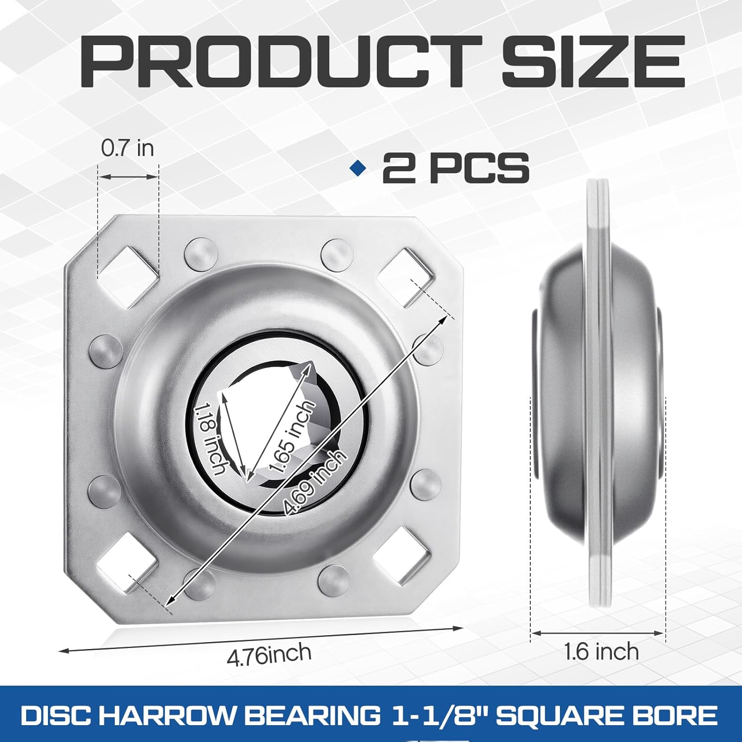 Threlaco 2 Pcs Disc Harrow Bearing 1-1/8" Square Bore Disc Harrow Flange Bearing Unit with 4-3/4" Bolt Holes for Farming Applications