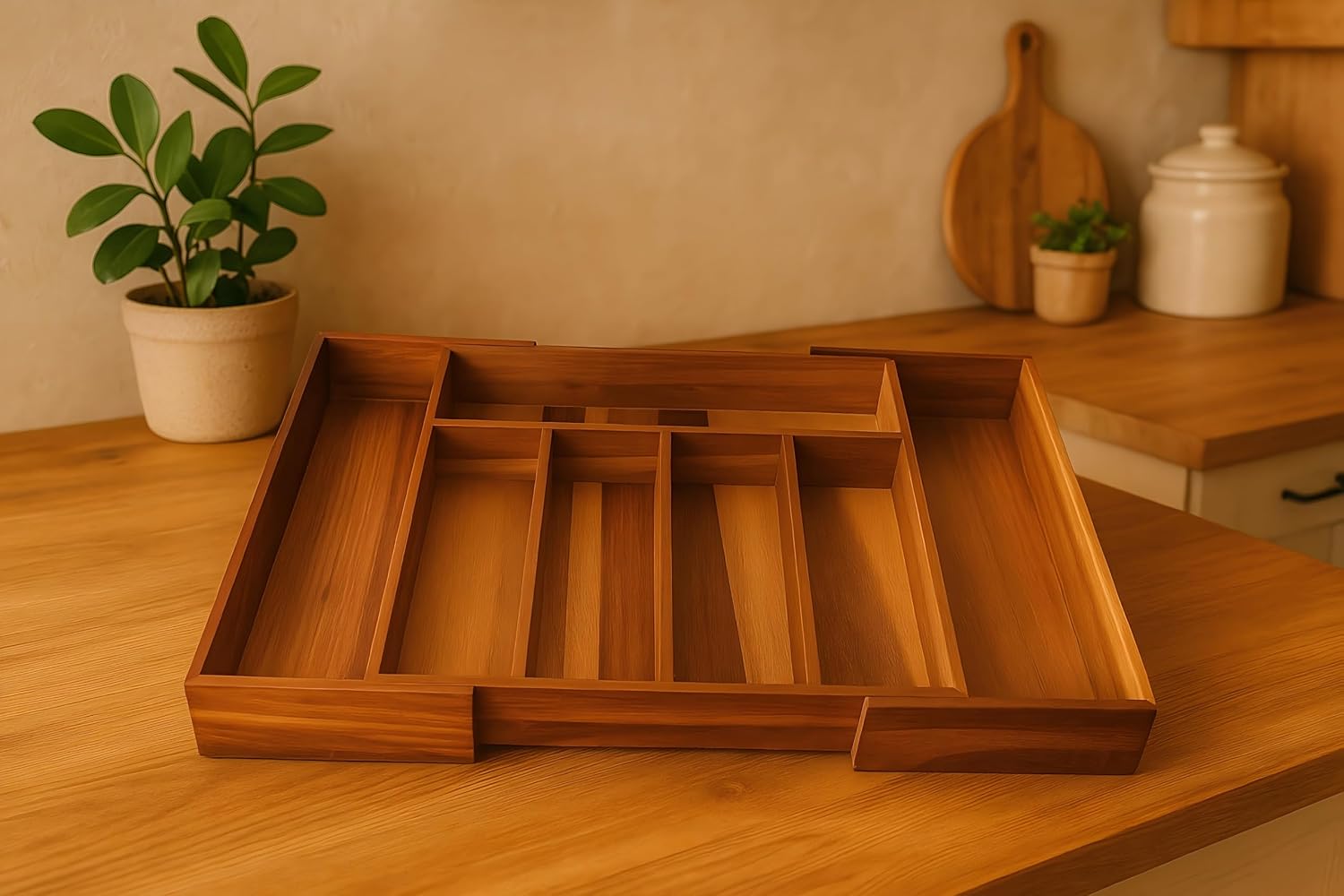 Expandable Acacia Drawer Organizer for Kitchen Utensils – Adjustable Silverware Tray with 5 to 7 Compartments, Natural Acacia Wood Flatware Organizer for Kitchen, Office, or Bathroom Storage