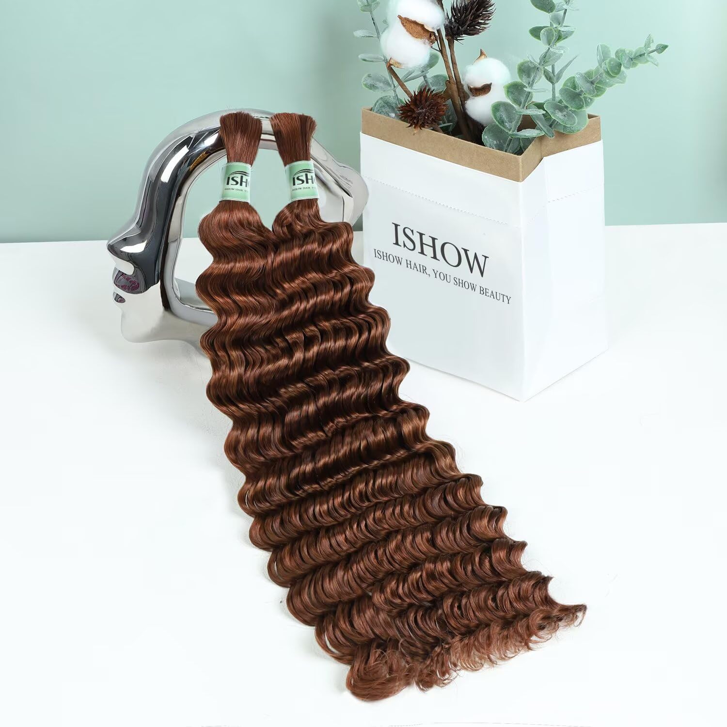 ISHOW Raw Human Braiding Hair, 100% Unprocessed Virgin Human Hair, 15A Deep Wave Boho Hair, 100g 14 Inch (2 Packs), NO.1 Premium Quality Boho Hair Producer, Long Lasting, Auburn Brown Color 30