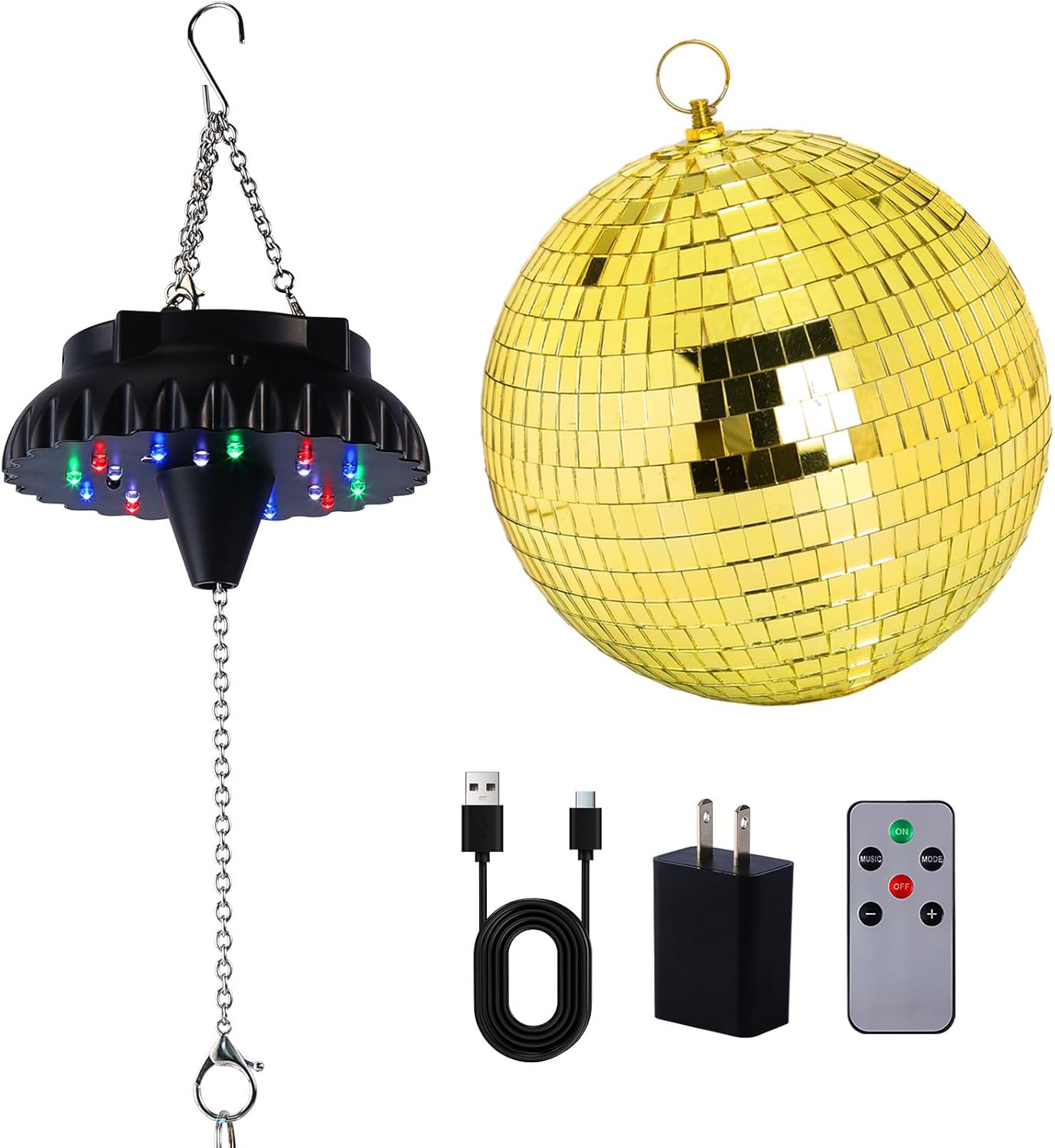 8 Inches Gold Disco Balls and Disco Ball Motor Light with Remote, Rechargeable Battery Operated Rotating Hanging Mirror Ball Spinner with Adjustable Speed - 18RGBW LED Light Up Disco Balls Rotator