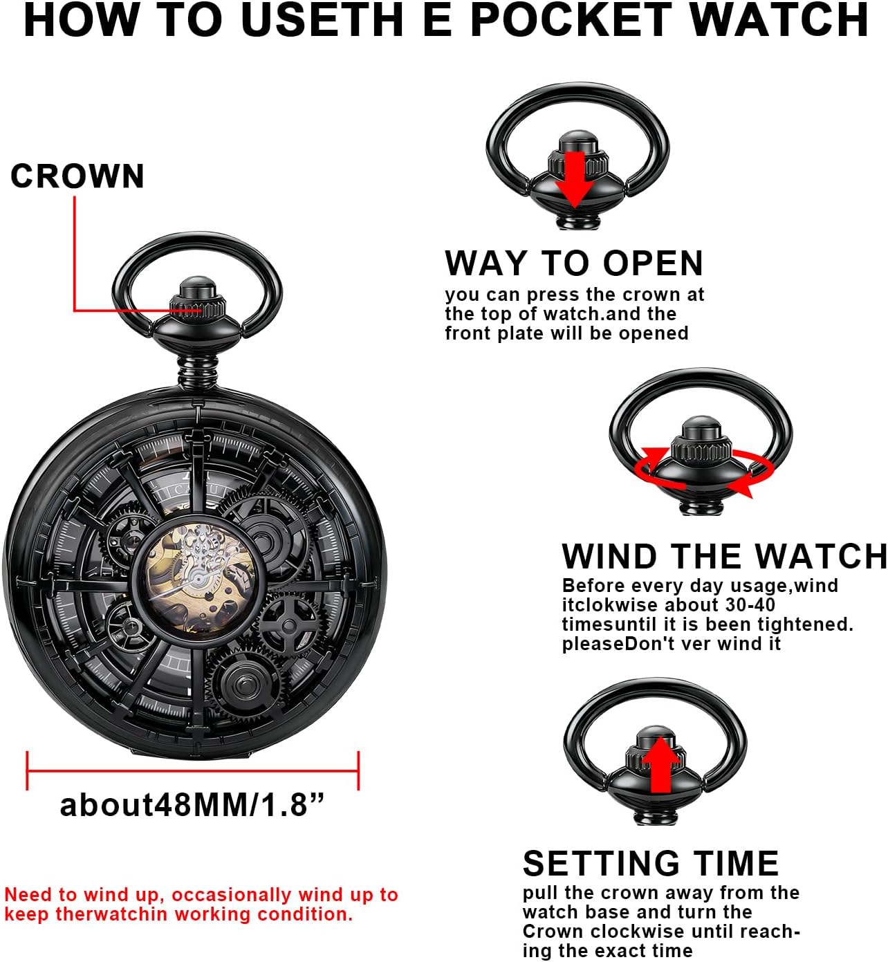Tiong Vintage Style Hollow-Out Round Gear Arabic White Dial Men's Mechanical Pocket Watch