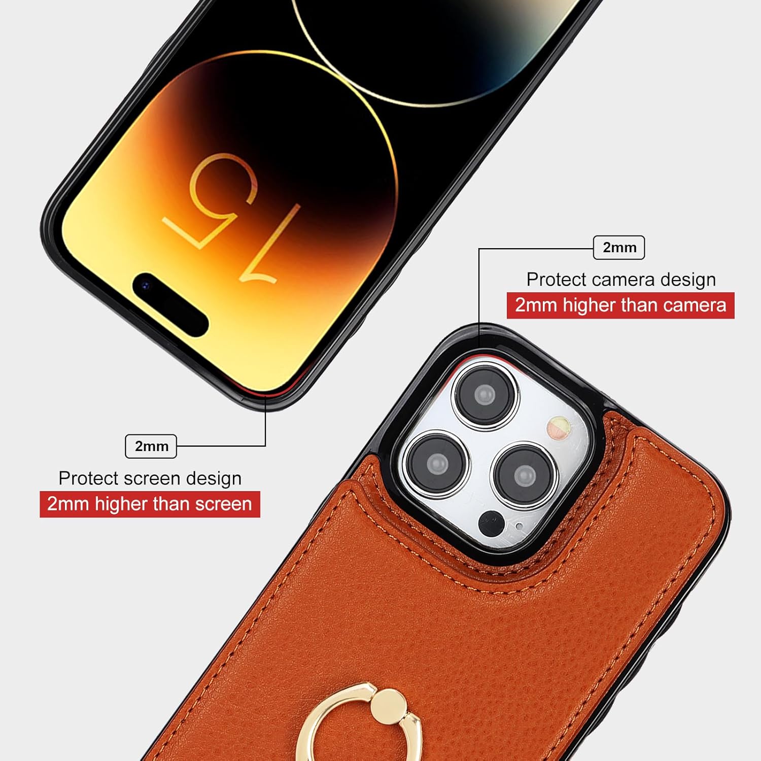 Folosu Compatible with iPhone 15 Pro Max Case Wallet with Card Holder, 360°Rotation Finger Ring Holder Kickstand, RFID Blocking Leather Protective Double Buttons Shockproof Cover 6.7 Inch Brown