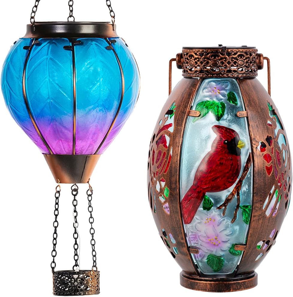 Starsoul Hot Air Balloon + Cardinal Solar Lantern Glass Solar Hot Air Balloon Lantern with Flame Light + Metal &Stained Glass Cardinal Solar Light Waterproof Solar Lantern for Yard Garden