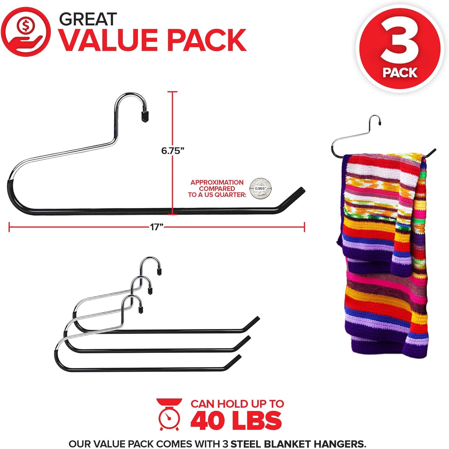 Blanket Hangers (3 Pack) - Stainless Steel Quilt Hangers with Vinyl Non-Slip Coating - Holds Up to 40 Lbs - Heavy Duty for Closet Storage, Comforters, Bedding, Towels, Rugs - Stock Your Home - Image 2