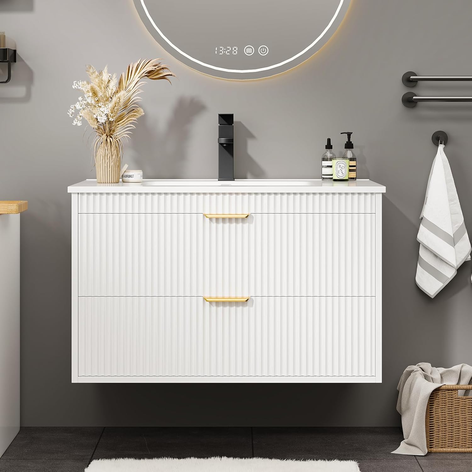 Halitaa 24 Inch Bathroom Vanity with Sink, Wood Grain Wall Mounted Vanity with 2 Storage Darwers, Floating Bathroom Vanity with Storage, Bathroom Floating Vanity with Sink, Faucet, Drain, White