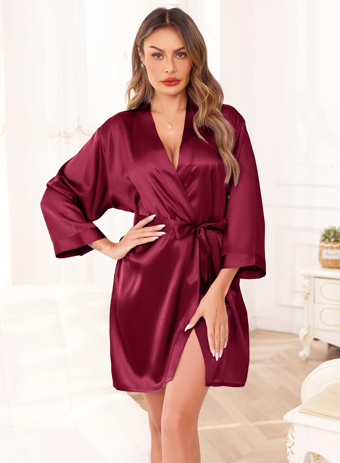 Women's Robes Satin Bathrobe Lightweight Short Silk Kimono V-Neck Bride Bridesmaids Loungewear - Image 3