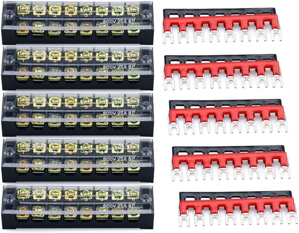 URBEST Terminal Block Barrier Strip 5Pack Dual Row 600V 25A 8 Position Screw Block and 10Pack 8 Postion Pre-Insulated Fork Terminal Strip Black/Red 400V 25A