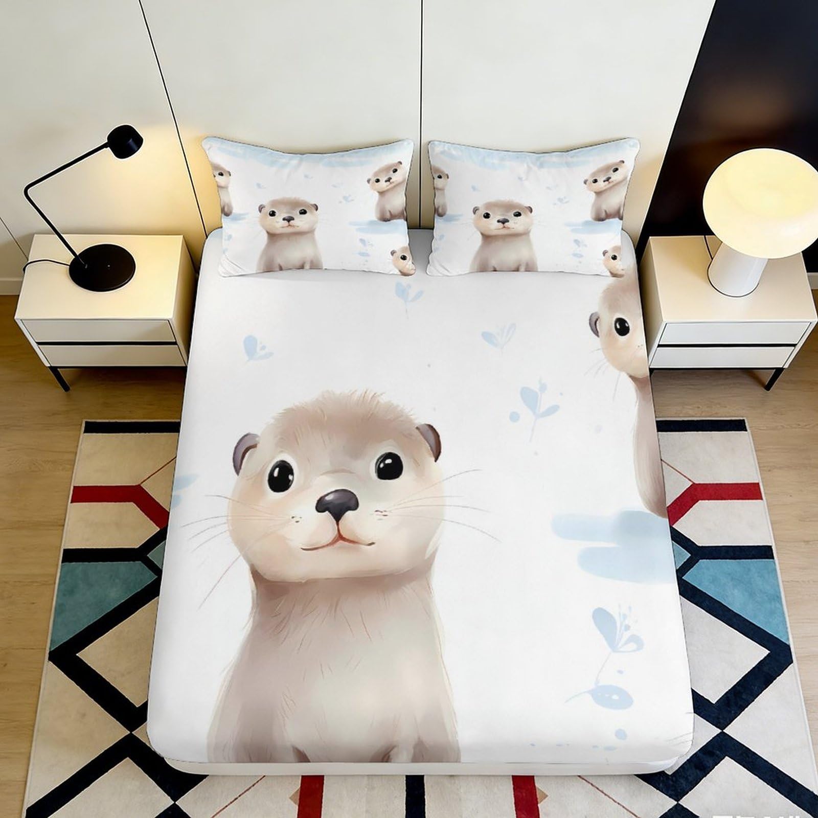 3D Printed Cute Otter Fitted Sheet Microfiber Soft Breathable Cartoon Animal Bed Cover for Bedroom Guest Room Decor 160x200x25cm