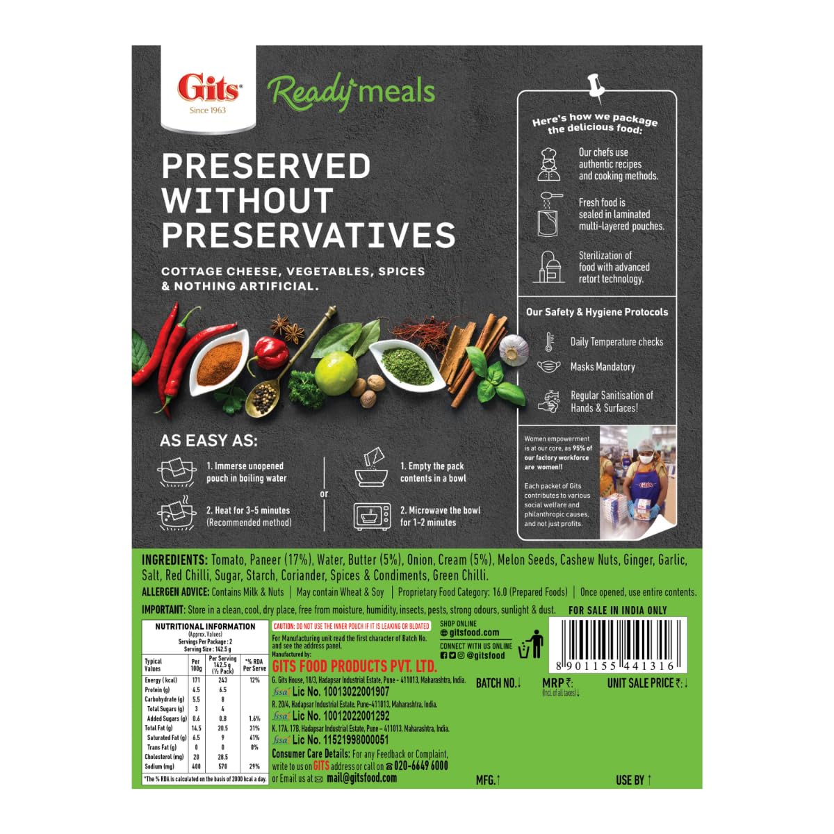 Gits Ready to Eat Paneer Makhani, Pure Veg, Heat and Eat Spicy Curry, Microwaveable, 285g - Image 2 thumbnail