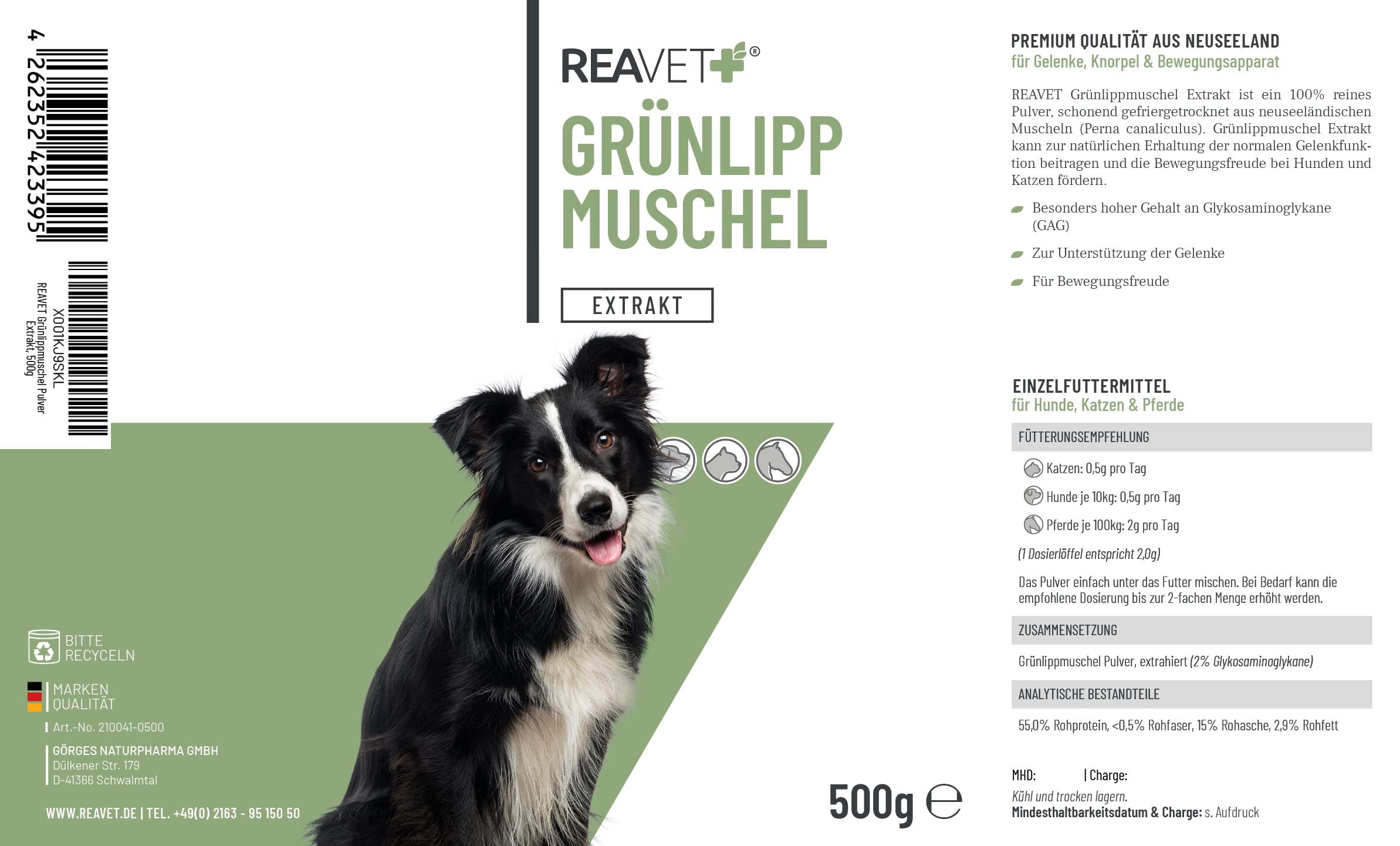 TESTURTEIL SEHR GUT 2026 ReaVET Grünlippmuschel Extrakt Pulver 500g für Hunde I Grünlippmuschelpulver Hund für Katze & Pferde hochdosiert I nach behandelter Arthrose, Arthritis - Barf Futterzusatz