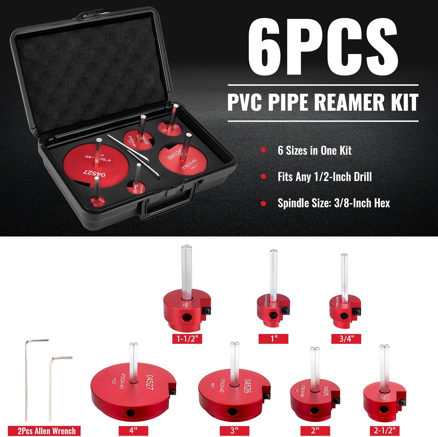6Pcs PVC Pipe Reamer Kit Includes 3/4'', 1'', 1-1/2'', 2'', 3'', 4'', Aluminum Pipe Reamer Fitting Saver Kit for PVC CPVC and ABS Plumbing, Reed Reamers Kit Compatible with Standard 1/2" Drills