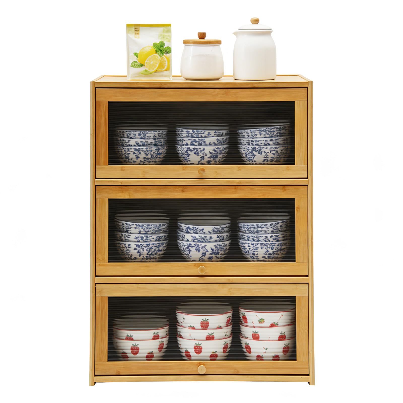 LARIDEN 3 Tiers Bamboo Countertop Storage Cabinet for Kitchen, Freestanding Pantry Cabinet with Flip-Up Door Organizer Shelf for Spice Seasoning