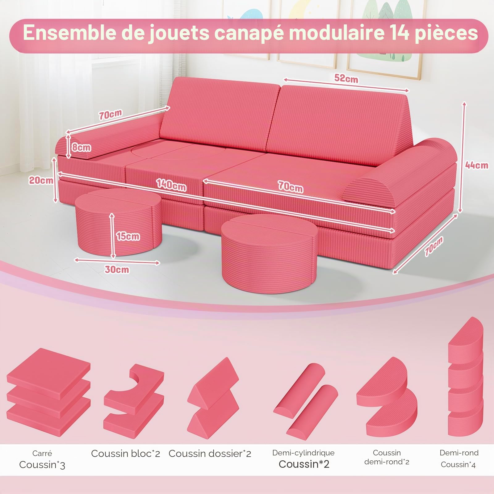 Clevich Canapé Modulable pour Enfants, Canape Enfant Convertible Confortable, Meubles de Chambre et de Salle de Jeux pour Tout-Petits, Possibilités de Jeux Infinies, Velours Côtelé (Rose)