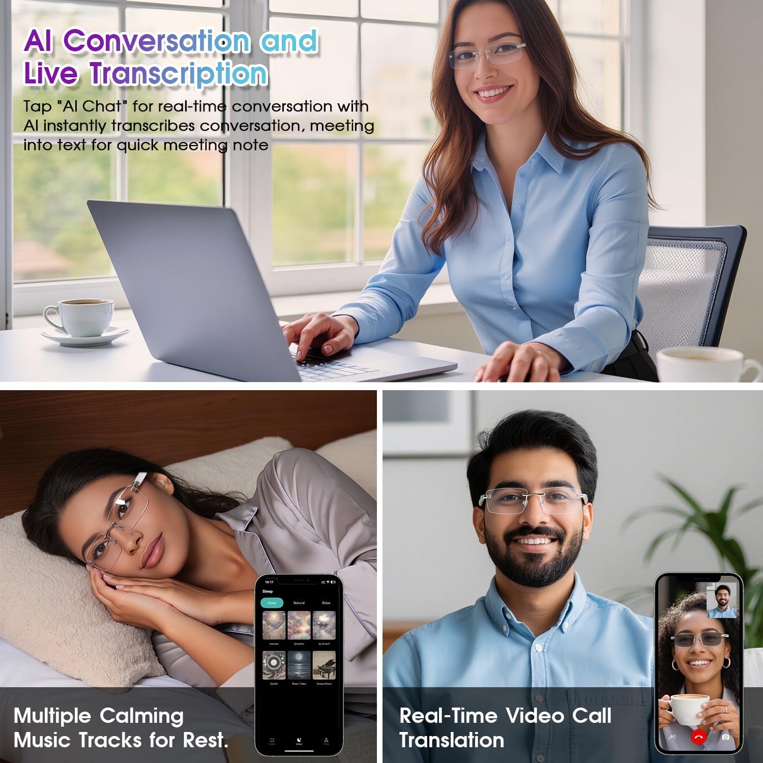 AI Translation Glasses, Bluetooth Eyeglasses with Real-Time Translator for 164 Languages, Photochromic Spring Hinge Bluetooth Glasses with Speakers, Rimless Smart Glasses for Travel/Work/Study(Gold) - Image 6