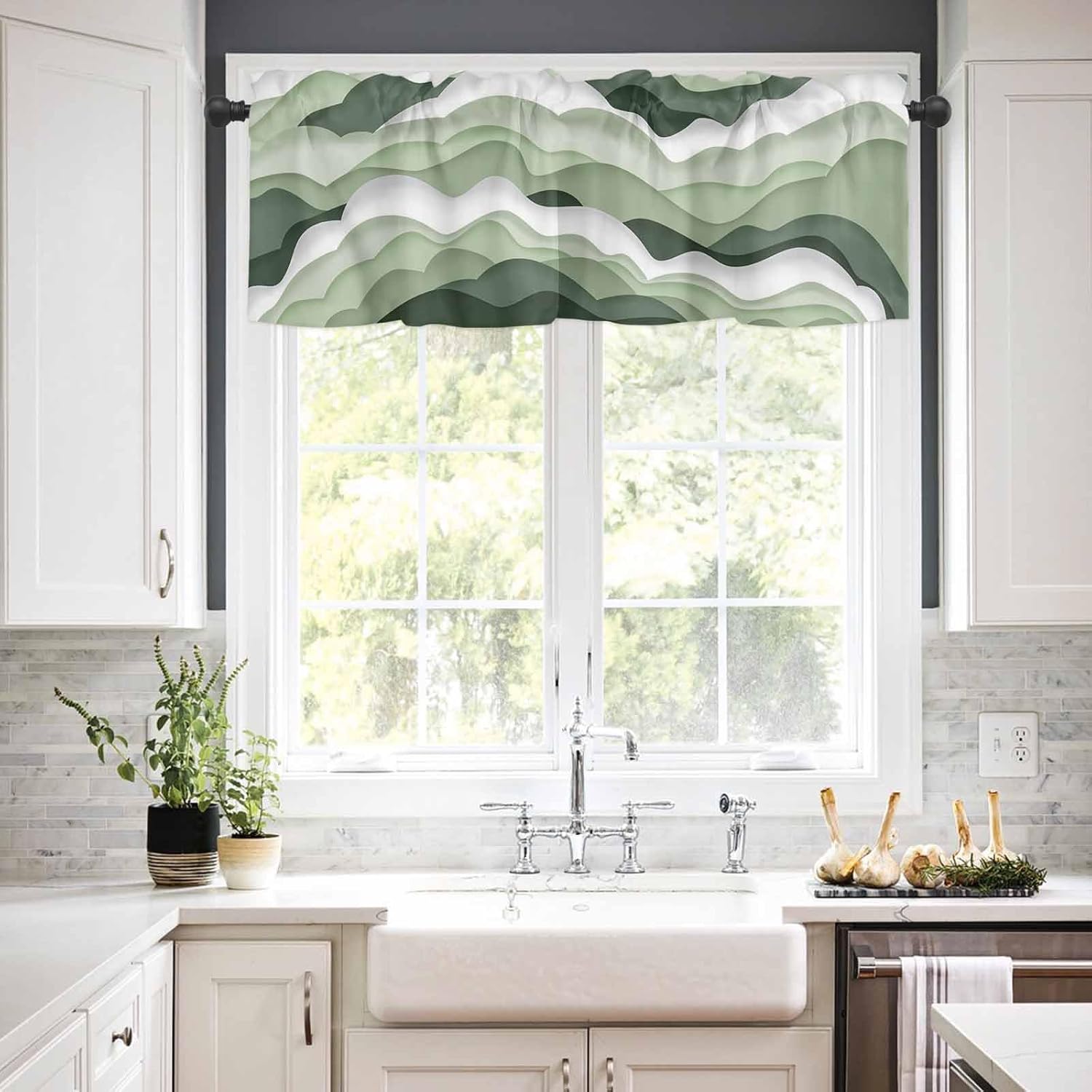 Sage Green Curtain Tier Valance Set, Abstract Geometric Modern Aesthetic Short Rod Pocket Light Filtering Window Treatment Small Curtain, Drapes Decor for Kitchen Living Bedroom 54"x24", 3 Panel