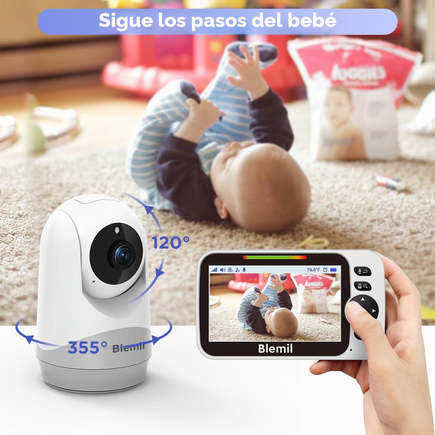 Blemil Monitor de bebé 5 Pulgadas, versión Mejorada con Pantalla Dividida – Vídeo Monitor de Gran tamaño con visión Nocturna | Cámara con Control Remoto de panorámica/inclinación/Zoom | Sin WiFi