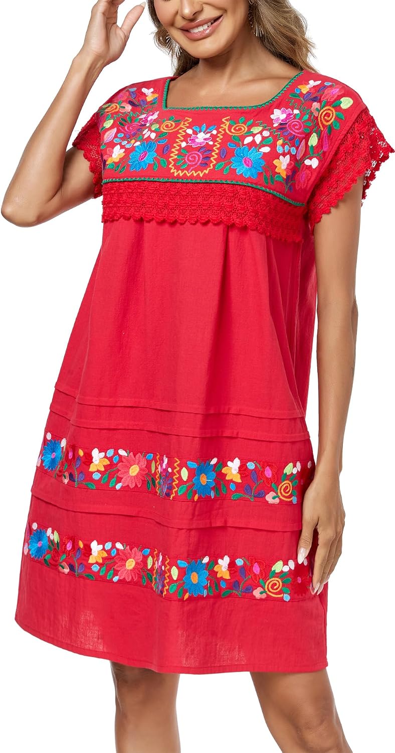 YZXDORWJ Women Embroidered Mexican Peasent Lace Short Sleeves Dress