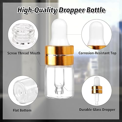 Miniatura 9 de Paquete de 50 botellas cuentagotas de vidrio transparente de 0.0 fl oz con 2 cuentagotas de plástico, mini botellas cuentagotas de muestra para