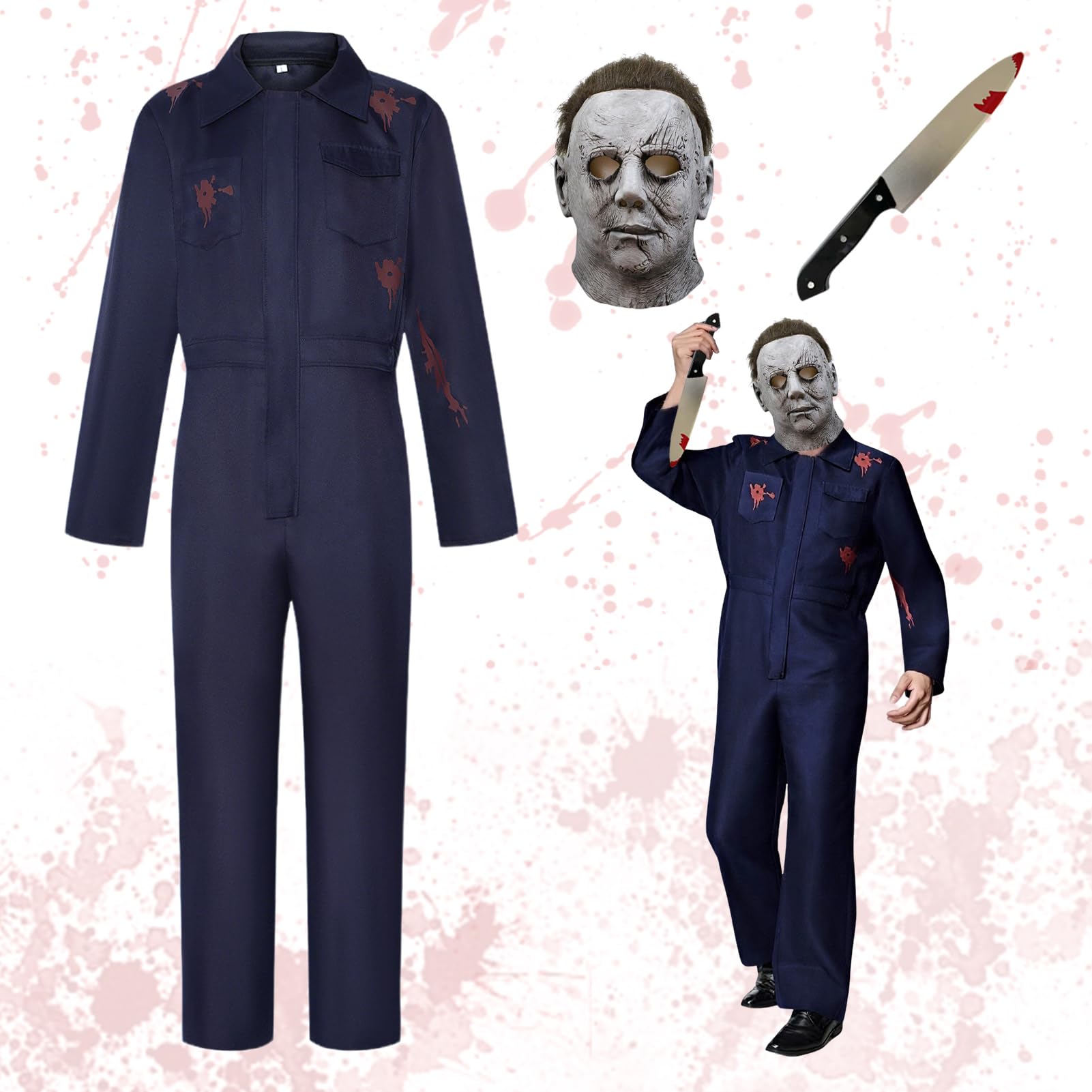 Shinybox Disfraz de Halloween Michael Myers para Adultos, Disfraz de Asesino de Terror para Halloween, Asesino Espeluznante con Plastico Sangriento Cuchillo de Juguete y Látex Máscara