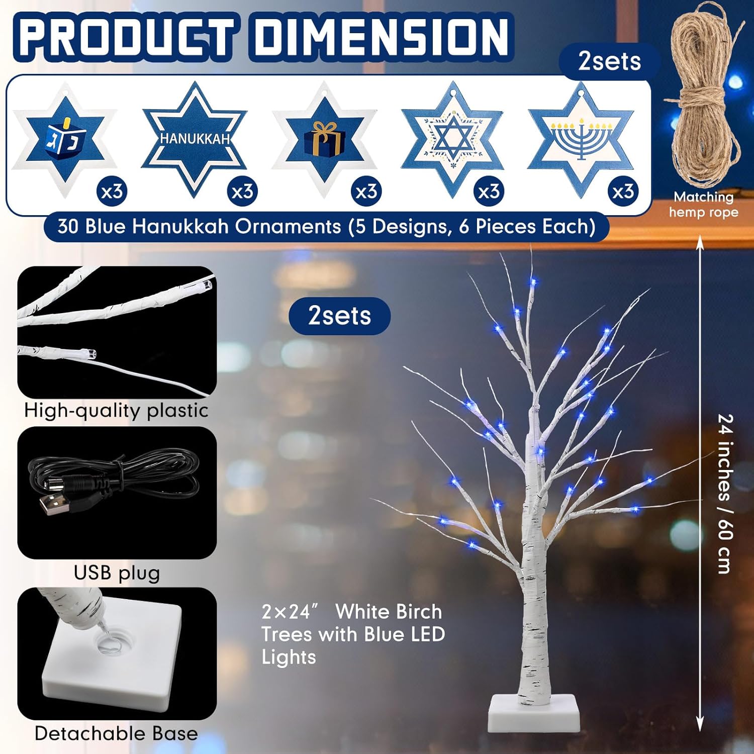 2 Pack 24'' Hanukkah Decorations Birch Tree with Blue LED Lights and 30 Star of David Hanging Ornaments, Lighted Tree White Tabletop Pre Lit Light with USB & Battery Operated for Christmas