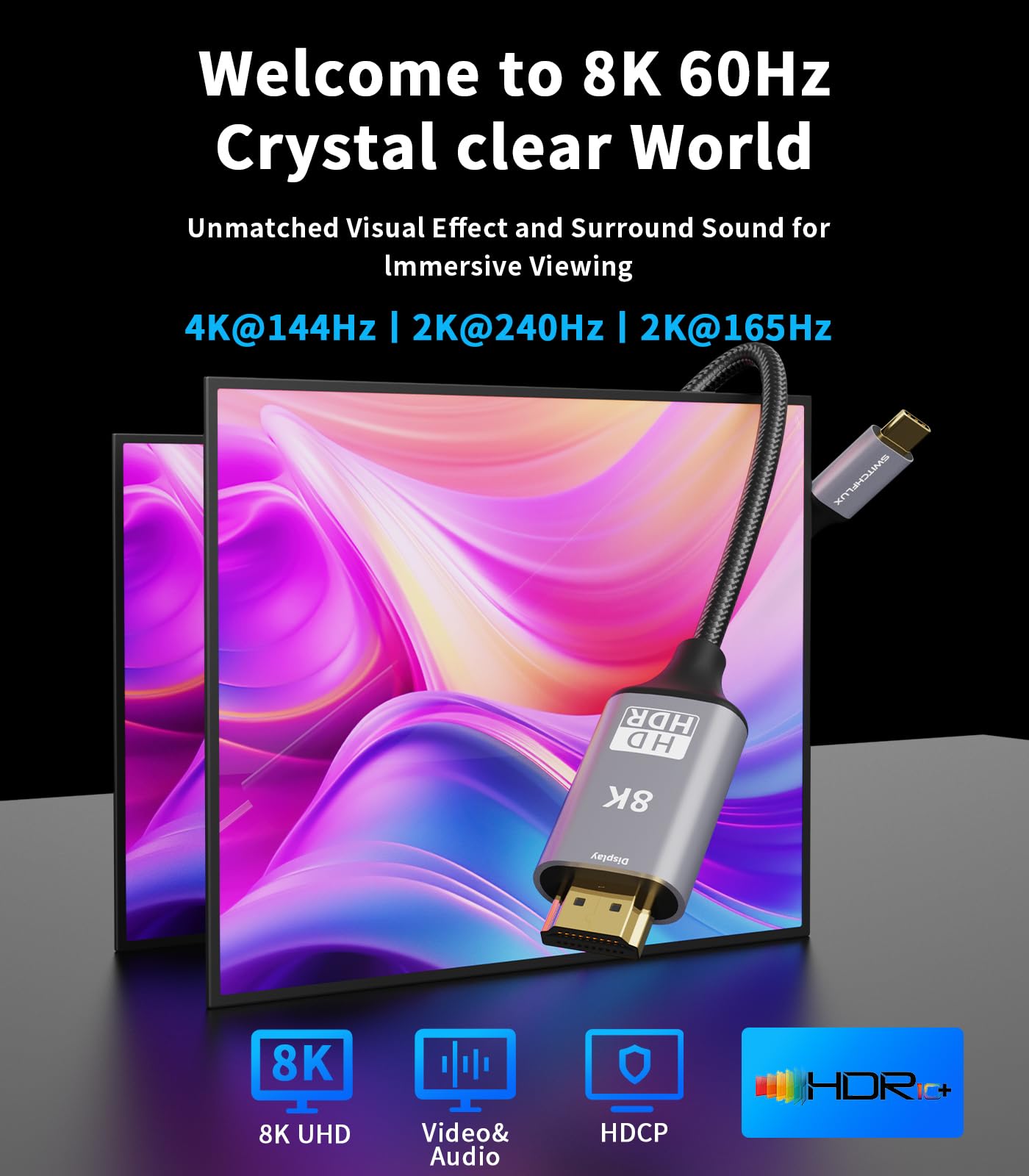 Cavo da USB C a HDMI 2.1 da 3,5 m (8K a 60 Hz, 4K a 144 Hz, 2K a 240 Hz), cavo intrecciato da tipo C a HDMI, compatibile con Thunderbolt 3/4/5, per iPhone serie 15, MacBook Pro/Air, iPad