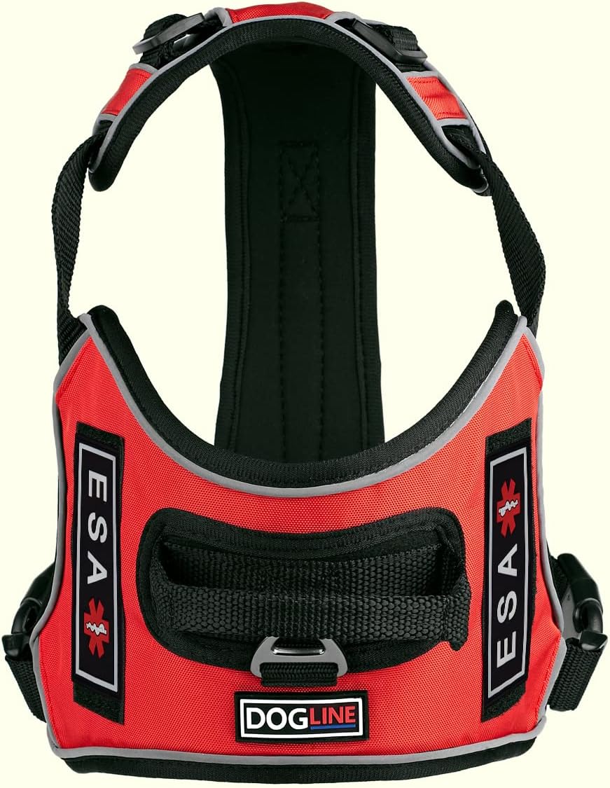 Dogline Quest No-Pull Dog Harness with 3D Rubber ESA Removable Patches Reflective Soft Comfortable Dog Vest with Quick Release Dual Buckles Black Hardware and Handle 15 to 18 inches Red