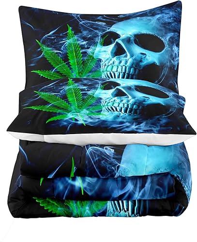 Miniatura 4 de LUVIVIHOME Juego de edredón de 3 piezas de calavera azul, tamaño King, juego de ropa de cama gótico de esqueleto 3D de terror, colcha negra de