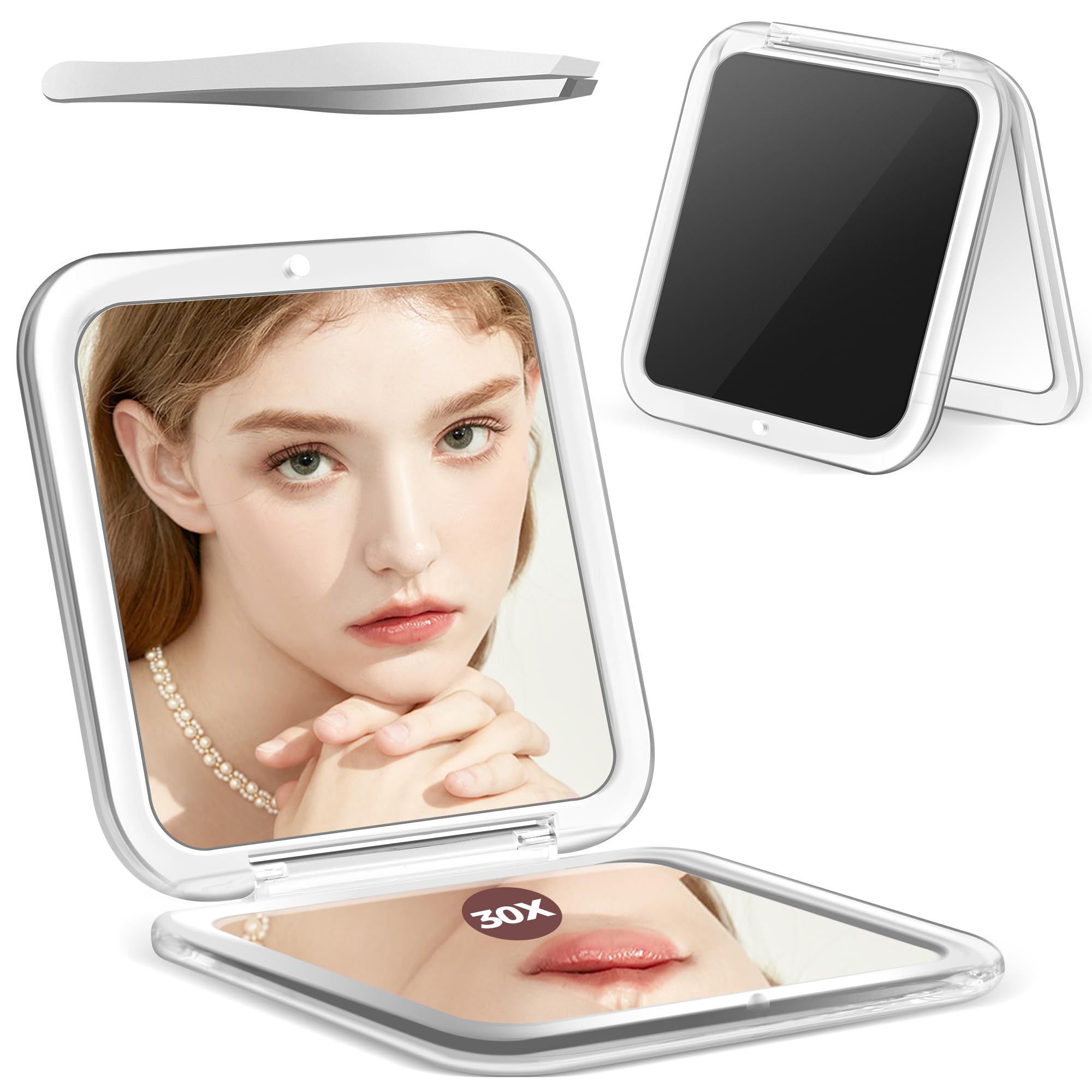 MIYADIVA Magnifying Mirror, 30X Compact Mirror, Pocket Mirror with 30X/1X Magnification, Small Mirror for Purse, Travel Mirror Portable Handheld Mirror Precision Tweezers for Girls Black