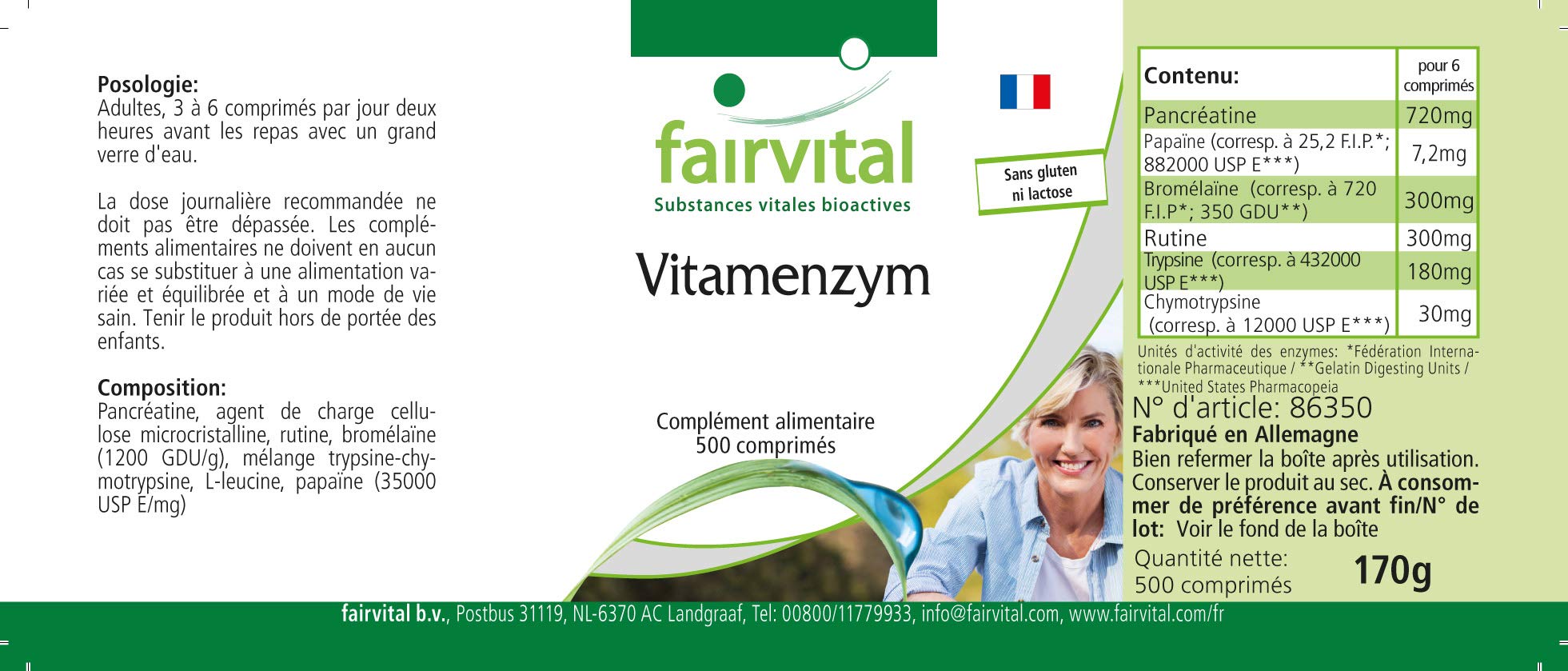 fairvital Enzymes digestives, HAUTEMENT DOSÉ, 500 comprimés, complexe enzymatique avec pancréatine, papaïne, bromélaïne, rutine, trypsine et chymotrypsine, végétalien