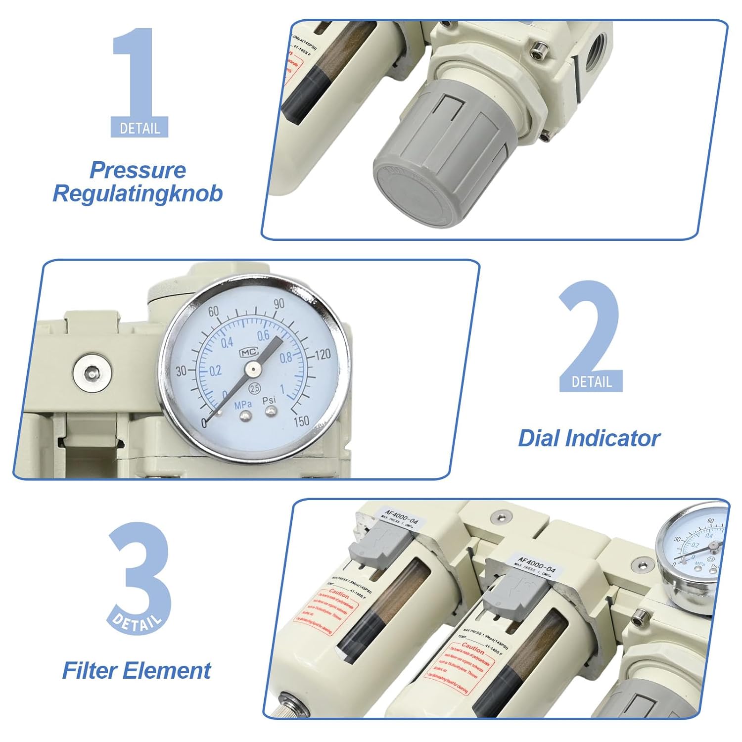 1/2" NPT Air Drying System Semi- Air Pressure Regulator 1/2 NPT Automatic Drain Polyethylene Bowl Combo Dual Air Filter Air Compressor Regulator