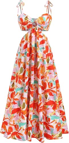 SOLY HUX Women's Floral Print Cut Out Tie Shoulder Boho Long Dress