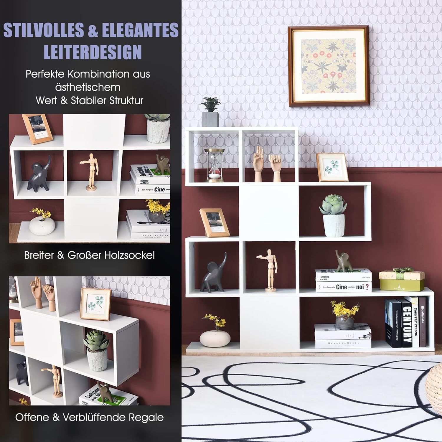 FANTASK 4-stöckiges Bücherregal, Raumteiler Regal aus Holz, freistehendes Treppenregal (Weiß)