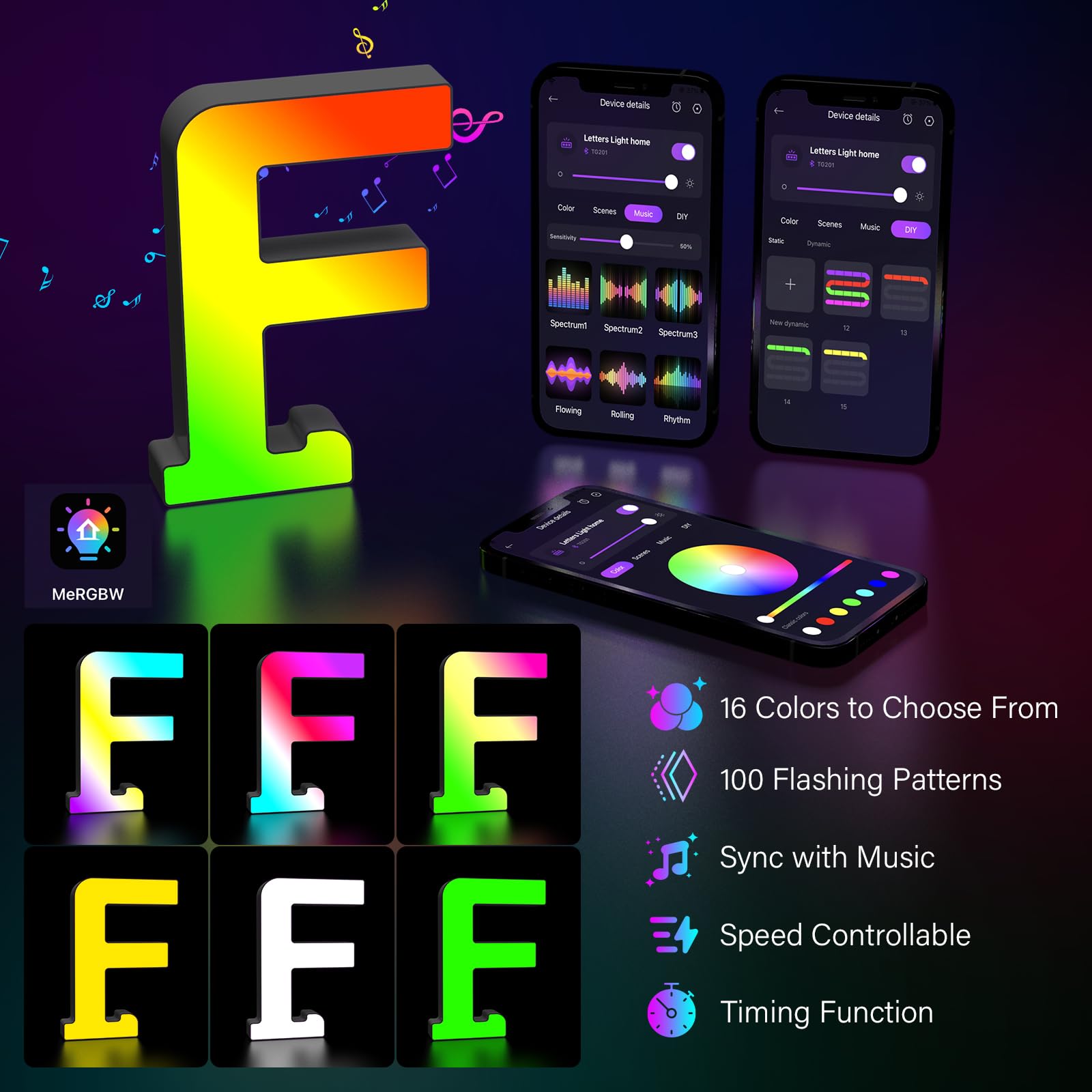 Lettere Luminoso con USB, APP Controllo Luci LED di Lettera Alfabeto, Figura a Cuore con Luce Colorate RGB per Decorazione e Atmosfera, Luci Notturne Scrivania, Compleanni, Matrimoni, Vetrine - F