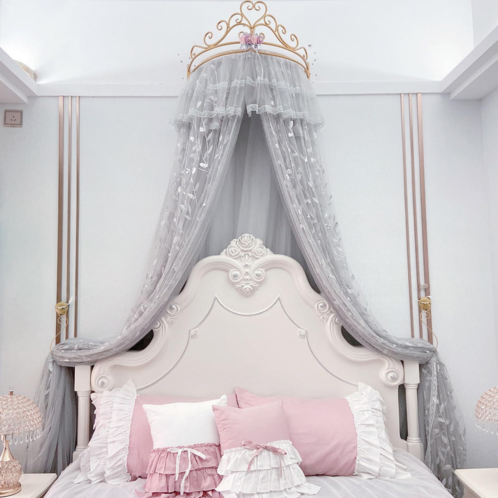 SDCGB Princess Bed Canopy for Girls & Adults, Royal Luxurious Cozy Bed Curtain with Crown, Double Layer Decorative Drapery, Grey1