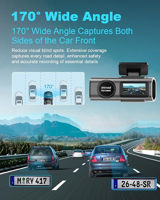 zhiroad 4K WiFi Autós Menetrögzítő Kamera 64GB SD Kártyával, 1.47" IPS Kijelző, 170° Széles Látószög, Éjjellátó, Parkoló Mód - 4K Front