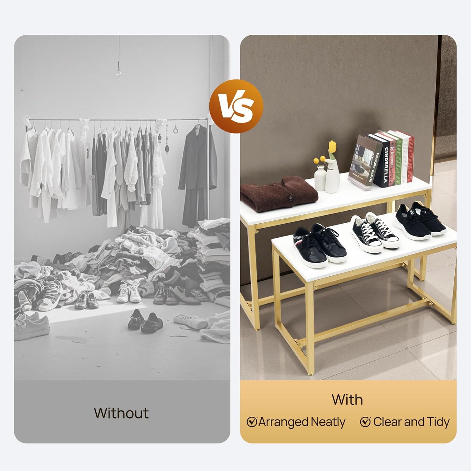 Metal Shoe Handbag Display Stand,Nesting Tables 2 Piece Set,Gold White Display Riser Shelf,Steel Pipe and Melamine Board Display Stand ​for Retail Stores,Each Load Capacity 110.2Lbs