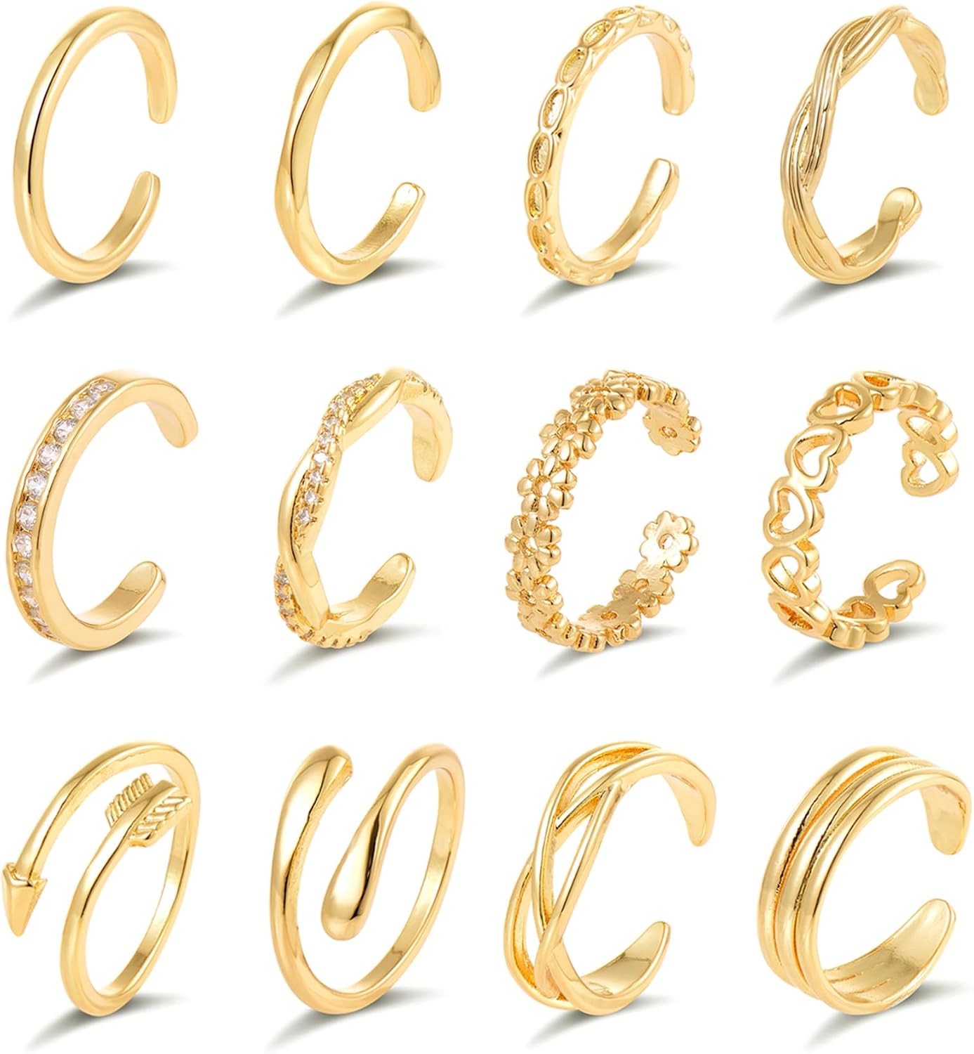 12PCS 18k Gold Plated Open Toe Rings CZ Wave Twist Arrow Celtic Knot Flower Heart Thin Band Ring Minimalist Vintage Retro Knuckle Finger Stacking Tail Ring Pack Summer Beach Foot Jewelry Set For Women Adjustable Gold Sliver Tone