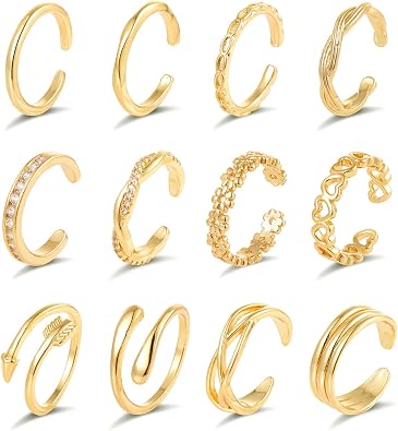 12PCS 18k Gold Plated Open Toe Rings CZ Wave Twist Arrow Celtic Knot Flower Heart Thin Band Ring Minimalist Vintage Retro Knuckle Finger Stacking Tail Ring Pack Summer Beach Foot Jewelry Set For Women Adjustable Gold Sliver Tone