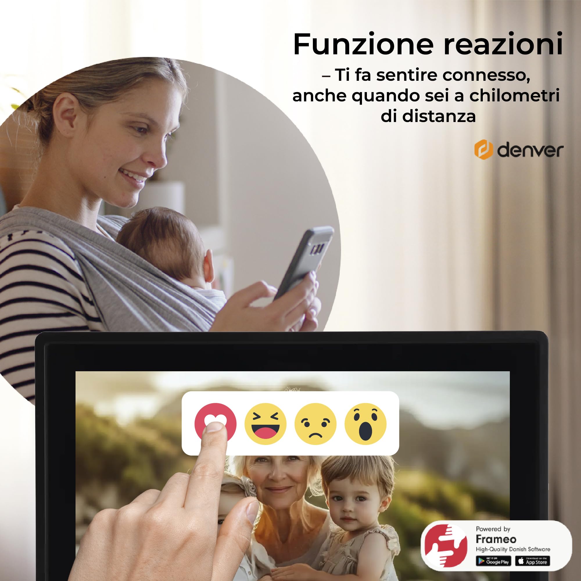 Cornice Digitale 10 Pollici WiFi – Schermo IPS HD 1280x800 – Portafoto Digitale Frameo Denver per Foto e Video – Cornice Elettronica Touchscreen Smart – 16GB Memoria – Slot microSD – Nera