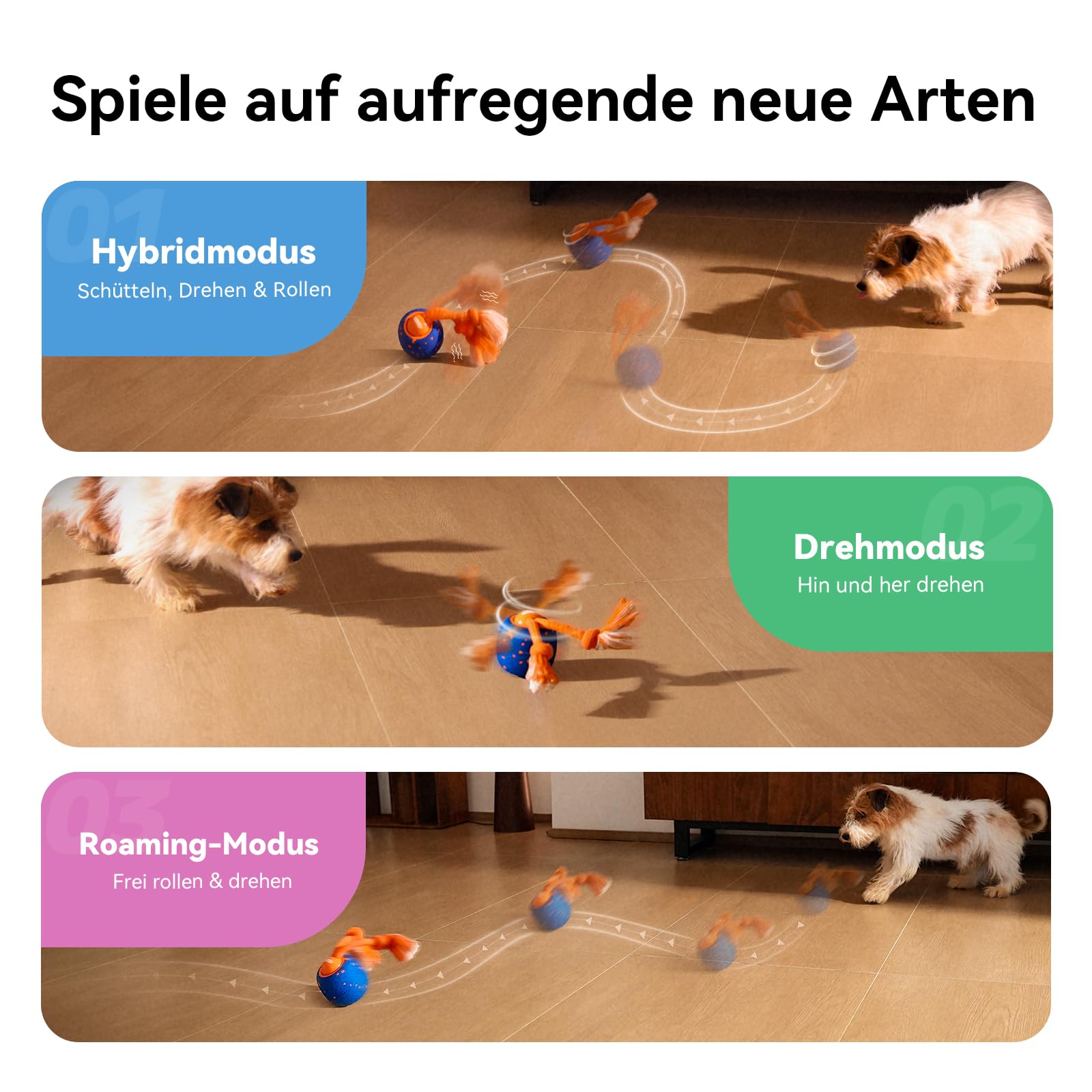 Cheerble Interaktiver Hundeball - Wicked Ball Rolly mit Seil & Bellen, Intelligentes Interaktives Hundespielzeug mit 3 Spielmodi, E-TPU, USB-C aufladbar, Geeignet für kleine bis große Hunde, Blau