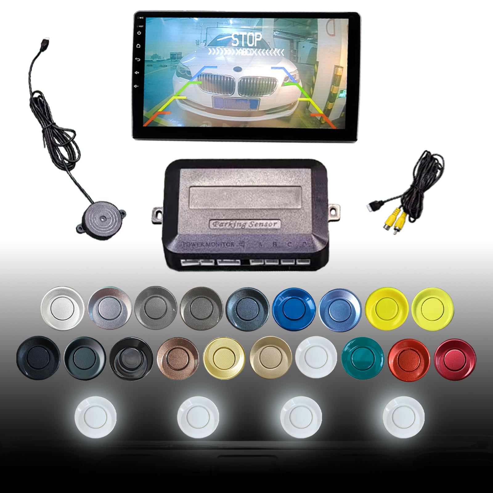 Parking Sensor Kit LCD - Displays Data on Original Screen, Easy Rear Installation, Compatible with All Camera Formats (AHD, CVBS), 20 Probe Colors to Match Any Vehicle（White）